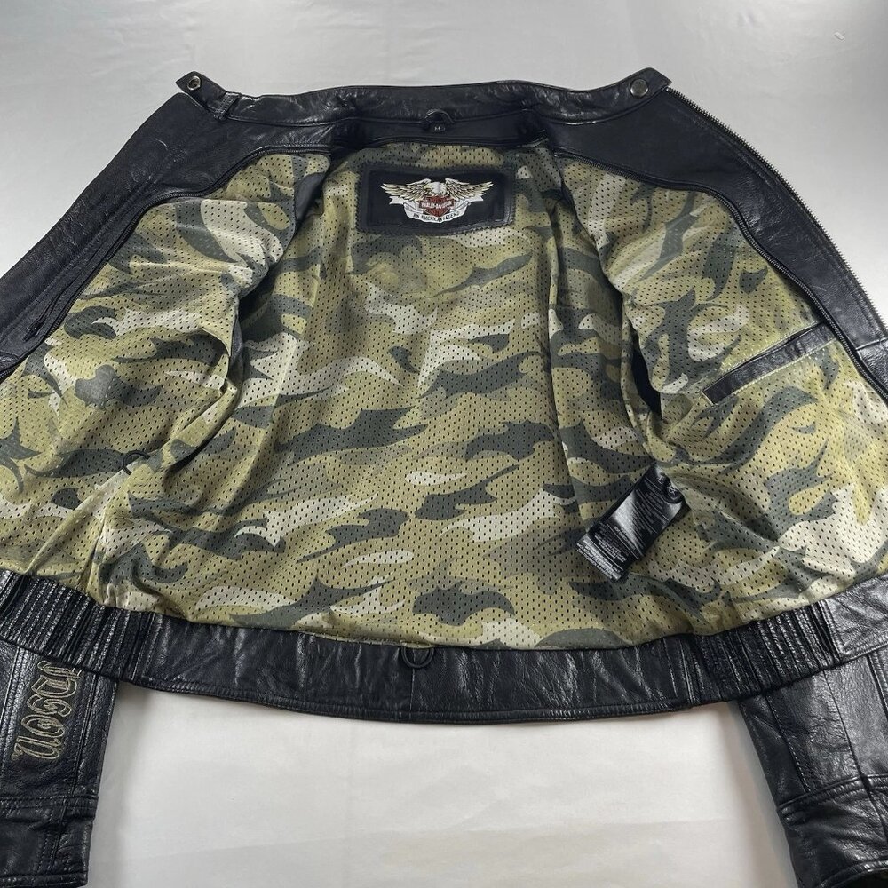 Harley Davidson Women's Black Leather Motorcycle Jacket - Size Medium Camo Liner - Picture 7 of 14